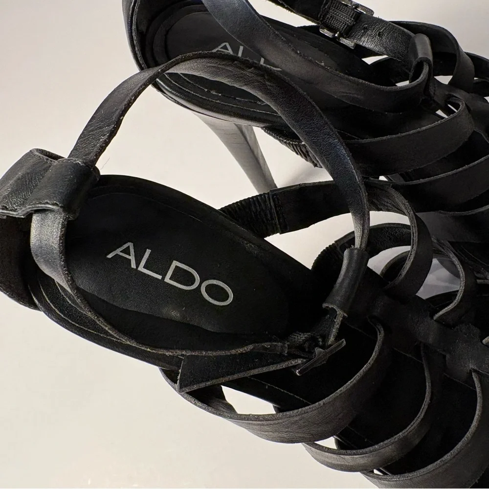 Aldo strappy preppy black stiletto leather heels sz 8